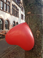 Ein Herzluftballon hängt an einem Baum vorm Altbau der PH Heidelberg