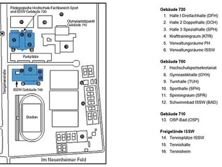 Lageplan Hallenkomplex der Pädagogischen Hochschule Heidelberg