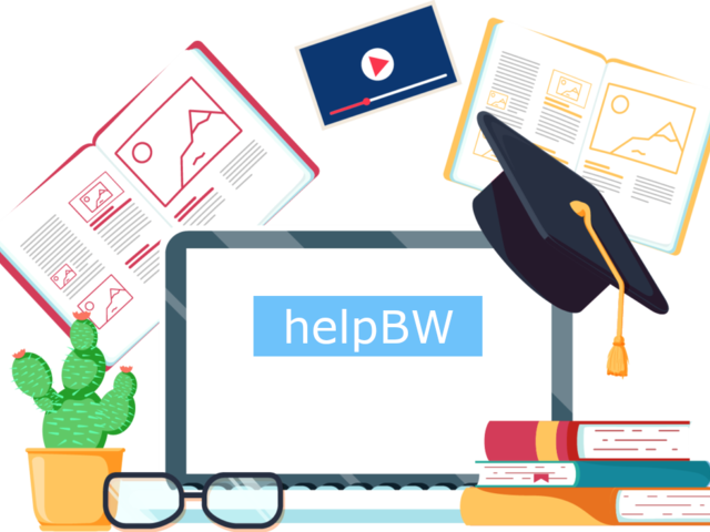 Grafik mit Laptop, auf dem steht: "helpBW"