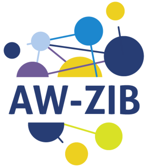 Das gekürzte AW-ZIB- Logo setzt sich aus zwei Bestandteilen zusammen: dem Schriftzug "AW-ZIB" und einem Bildelement.  Das Akronym "AW-ZIB" steht in Großbuchstaben und in dunkelblauer Schrift in der Mitte. Es ist weiß hinterlegt.  Im Hintergrund befinden sich mehrere verschieden große, bunte Punkte. Die Punkte sind durch farbige, dünne Linien miteinander verbunden. Zu einzelnen kleinen Punkte am Rand führen Linien, die die Punkte nicht erreichen.
