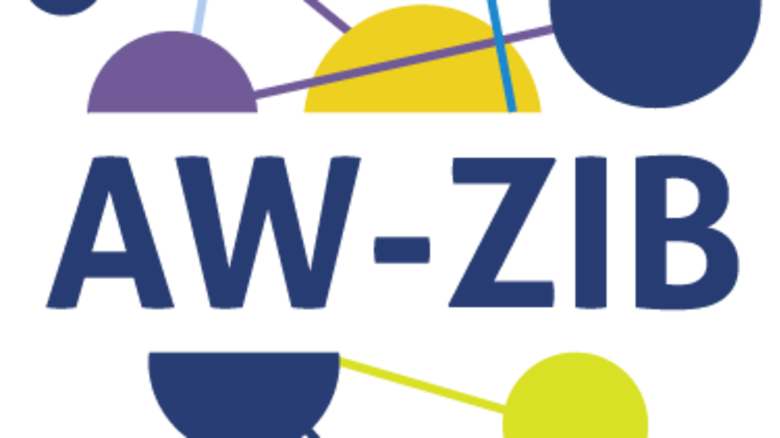 Das gekürzte AW-ZIB- Logo setzt sich aus zwei Bestandteilen zusammen: dem Schriftzug "AW-ZIB" und einem Bildelement.  Das Akronym "AW-ZIB" steht in Großbuchstaben und in dunkelblauer Schrift in der Mitte. Es ist weiß hinterlegt.  Im Hintergrund befinden sich mehrere verschieden große, bunte Punkte. Die Punkte sind durch farbige, dünne Linien miteinander verbunden. Zu einzelnen kleinen Punkte am Rand führen Linien, die die Punkte nicht erreichen.