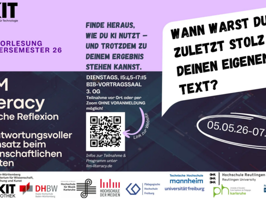 Flyer der Ringvorlesung LLM Literacy - Kritische Reflexion und verantwortungsvoller KI-Einsatz beim wissenschaftlichen Arbeiten