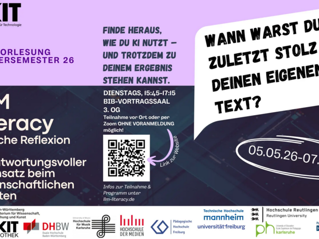 Flyer der Ringvorlesung LLM Literacy - Kritische Reflexion und verantwortungsvoller KI-Einsatz beim wissenschaftlichen Arbeiten