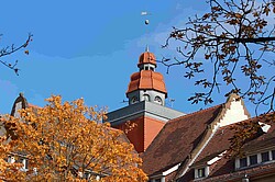 Das Foto zeigt den Turm des Altbaus der PH Heidelberg im Herbst.