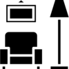 Ikone eines Sessels und einer Wohnzimmerlampe Icon eines Sessels und einer Wohnzimmerlampe