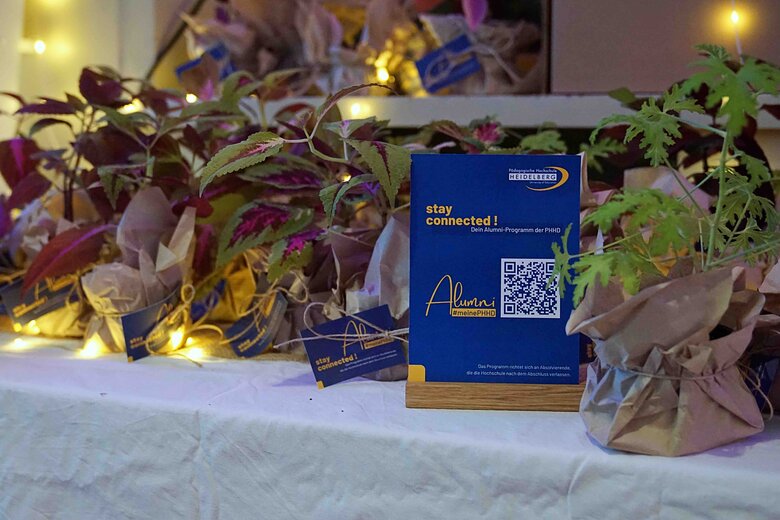 Zu sehen ist ein Flyer, dahinter Pflanzen und eine Lichterkette. 