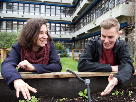 Zwei Studierende an einem Hochbeet.