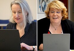 auf der rechten Seite Frau Prof. Dr. Karin Terfloth linken Seite Frau Prof. Dr. Vera Heyl, beiden sitzen vor einem Laptop 