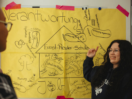 Eine junge Frau vor einem großen gelben Plakat, auf dem als Haus die Ernst-Reuter-Schule eingezeichnet ist. Die Überschrift lautet Verantwortung. Die Slkizze vermerkt in Worten und Bildern, wer wie an der Schulgemeinschaft beteiligt ist.