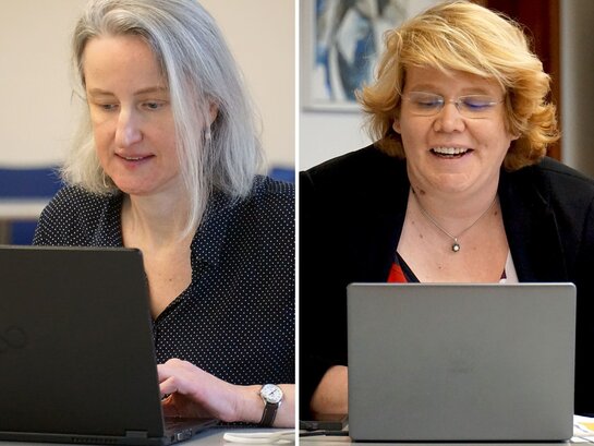 Collage von Porträfotos von Prof. vera Heyl und Prof. Karin Terfloth. Beide Frauen haben einen Laptop vor sich auf dem Tisch stehen und schauen nach unten.