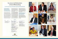 Das Bild zeigt links die unterzeichnete Resolution sowie rechts Bilder der Unterzeichner. Copyright: MWK.