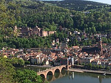 View of Heidelberg Castle and the Old Bridge from Philosophenweg. 