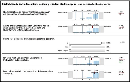 Wesentliche Ergebnisse der ISP-Befragung im Sommersemester 2023. Für eine mündliche Beschreibung des Bildes wenden Sie sich bitte per E-Mail an sqm@ph-heidelberg.de.