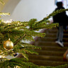 Vorne sieht man Zweige des Weihnachtsbaum samt Lichterkette und Christbaumkugel. Im Hintergrund sind unscharf zwei Personen zu sehen, die die Treppe im Altbau der Hochschule hoch laufen.