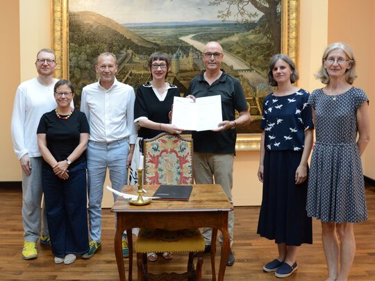Gruppenbild mit PHHD-Rektorin Karin Vach und dem Direktor des Kurpfälzischen Museums Frieder Hepp 