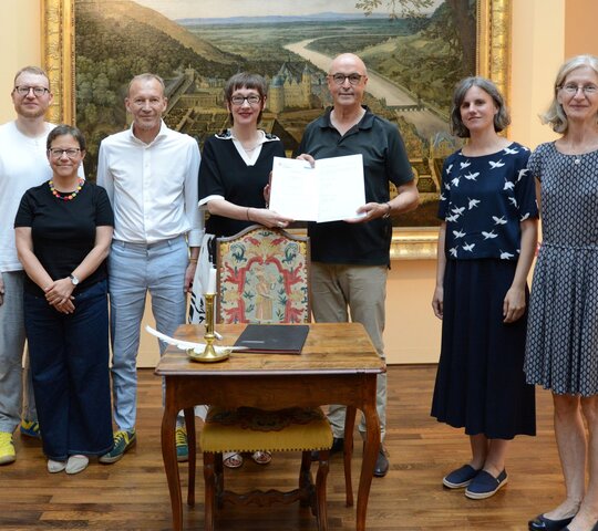 Gruppenbild mit PHHD-Rektorin Karin Vach und dem Direktor des Kurpfälzischen Museums Frieder Hepp 
