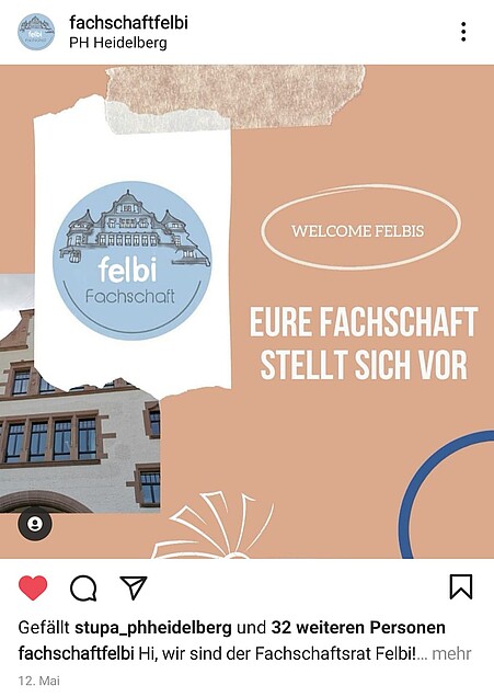 Screenshot unseres ersten Posts auf Instagram. Beschriftung: Welcome Felbis. Eure Fachschaft stellt sich vor.