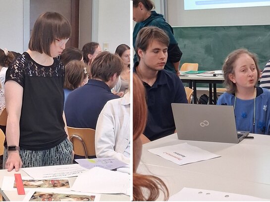 Collage von zwei Fotos, die Susann Bensch und Louisa Kabbe währed des Seminars zu Selbstbestimmung, Empowerment und Assistenz vor dem Hintergrund des Films „Crip Camp“, zeigen.