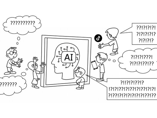 Die Grafik zeigt das Bild eines Kopfes mit der Aufschrift "AI" auf einem überdimensionierten Tablet. Um dieses herum stehen Schüler:innen, die mit vielen Fragezeichen in Denkblasen darauf blicken.