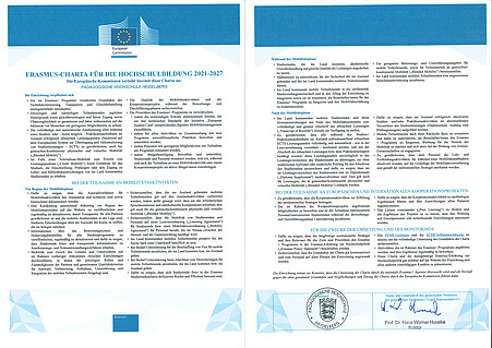 Die deutsche ERASMUS Charta für die Hochschulbildung 2021 bis 2027. PDF findet sich rechts auf der Seit unter Dokumente.