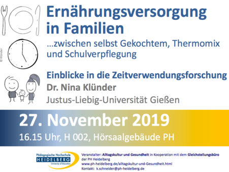 Der Flyer des Vortrags "Ernährungsversorgung in Familien - zwischen Selbstgekochtem, Thermomix und Schulverpflegung - Einblicke in die Zeitverschwendungsforschung. Der Vortrag findet am 26.11.2019 um 16.15 Uhr in H002 statt.