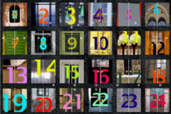 Das Bild zeigt einen Adventskalender mit 24 digitalen Türchen. 