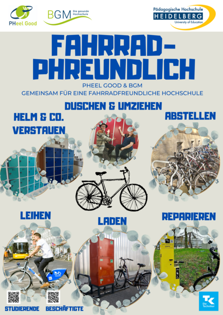 Plakat Fahrrad-PHreundlich, das verschiedene Maßnahmen zur fahrradfreundlichen Hochschule aufzeigt: Dusch- und Umkleidemöglichkeiten, Abstellanlagen, Reparaturstationen, Ladestation, Fahrradleihmöglichkeit, Helmspinde.