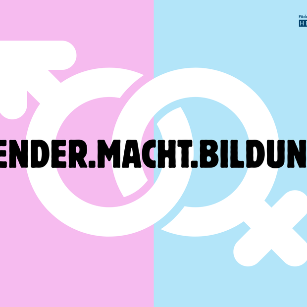 Ein Plakat zur Bewerbung der Veranstaltung mit rosa und blauem Hintergrund, der Überschrift "Gender.Macht.Bildung"