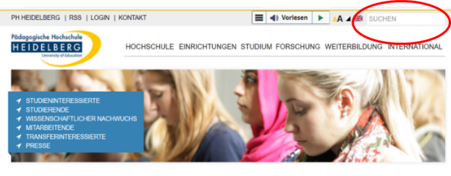 Screenshot der PH Website mit hervorgehobenem Suchfeld