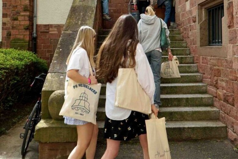 Studierende gehen mit Ihren Taschen in den Altbau der Pädagogischen Hochschule Heidelberg.