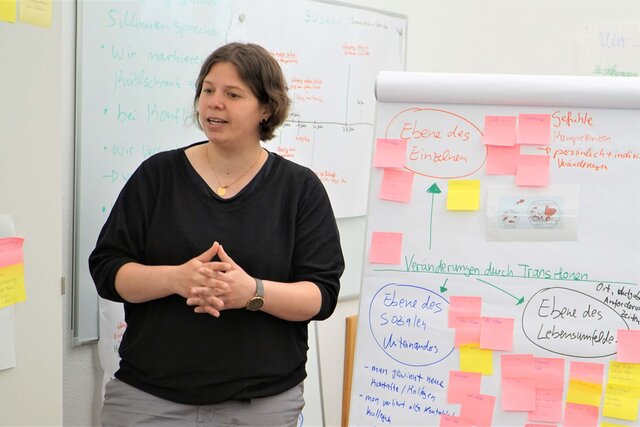 Das Bild zeigt Qualifizierungsleitung Noemi Heister, die vor einem Flip Chart steht. Auf dem Flip Chart sind viele bunte Zettel geklebt.