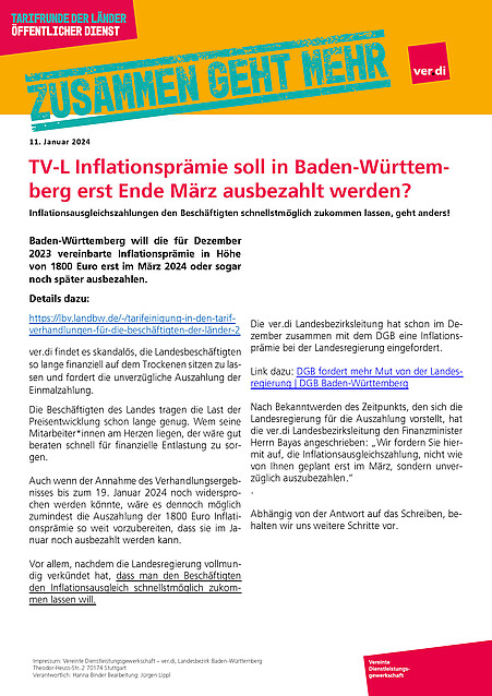 Bild: TV-L Inflationsprämie soll in Baden-Württemberg erst Ende März ausbezahlt werden?