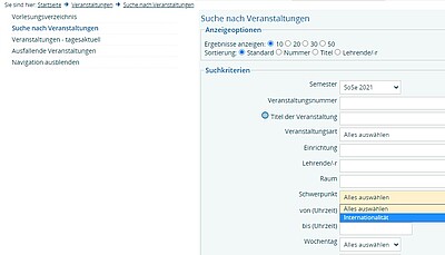 Der Screenshot zeigt einen Auszug aus dem LSF mit der Schwerpunktsetzung Internationalität.