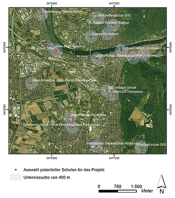 Karte mit den potentiellen Schulen in Heidelberg, die in das Projekt miteinbezogen werden könnten.