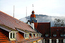 Das Foto zeigt das Dach und den Turm des Altbaus der PH.