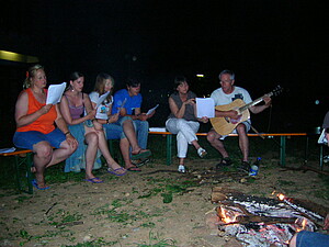 Gruppe singt nachts am Lagerfeuer, Mann spielt Gitarre