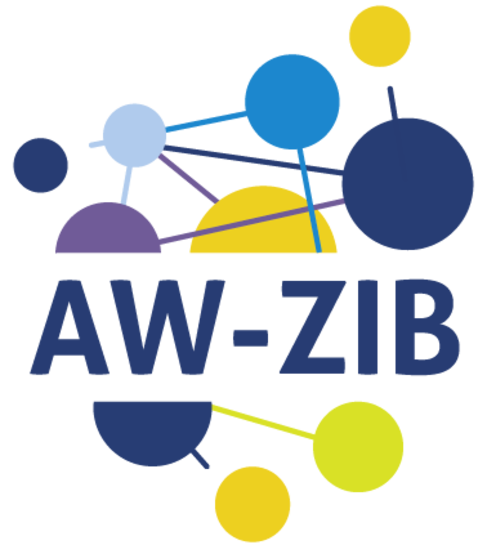 Das gekürzte AW-ZIB- Logo setzt sich aus zwei Bestandteilen zusammen: dem Schriftzug "AW-ZIB" und einem Bildelement.  Das Akronym "AW-ZIB" steht in Großbuchstaben und in dunkelblauer Schrift in der Mitte. Es ist weiß hinterlegt.  Im Hintergrund befinden sich mehrere verschieden große, bunte Punkte. Die Punkte sind durch farbige, dünne Linien miteinander verbunden. Zu einzelnen kleinen Punkte am Rand führen Linien, die die Punkte nicht erreichen.