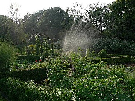 Bauerngarten im Sommer mit Regner