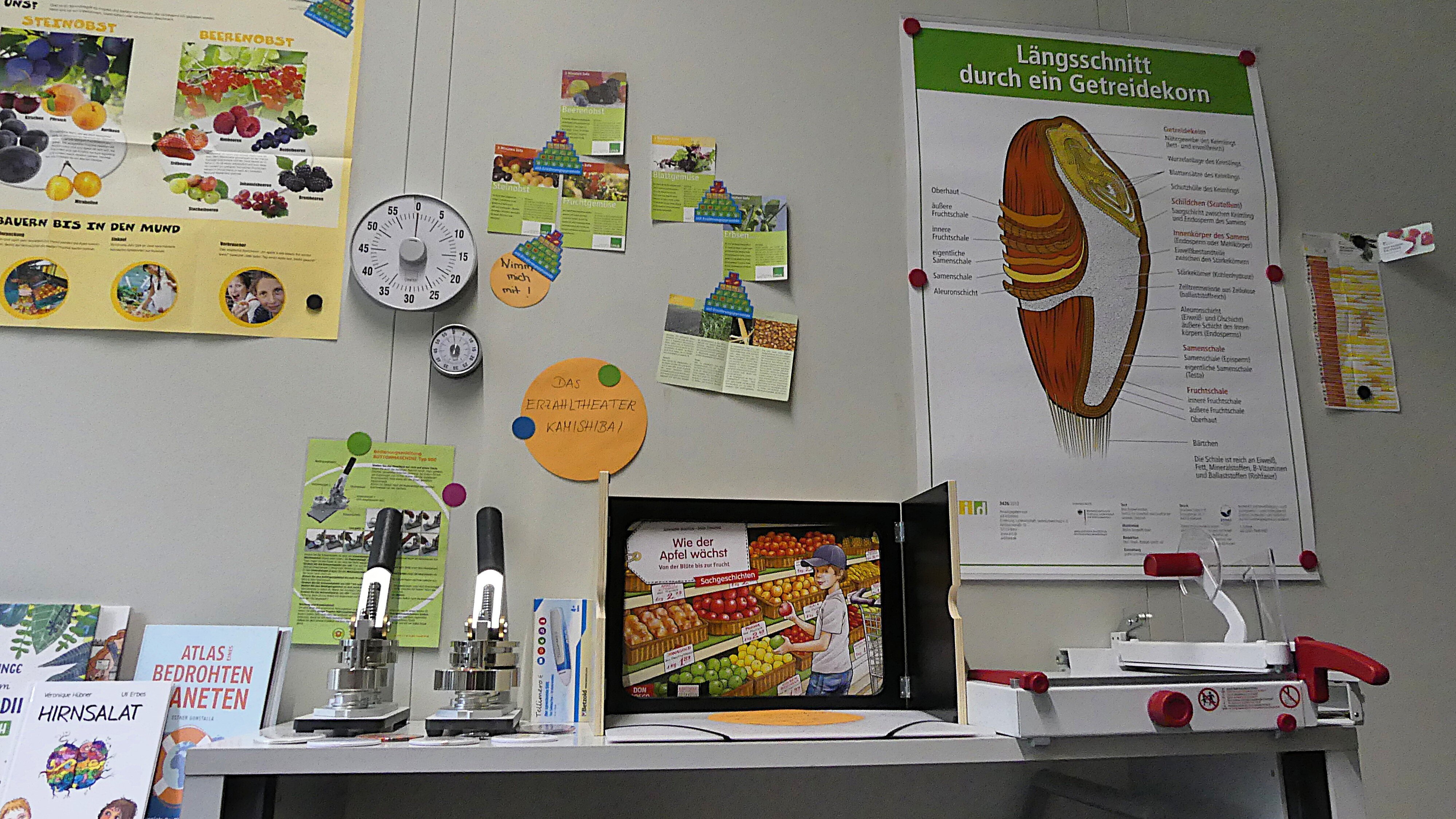 Einblicke in die Didaktische Werkstatt des Fachs Alltagskultur und Gesundheit - zu sehen sind Buttonmaschinen, Kamishibai, Schneidegerät, Poster und Kinderbücher