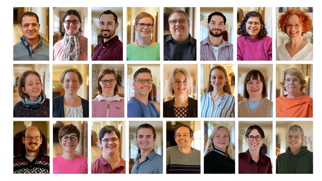 Collage von 24 Einzel-Porträtfotos von Mitarbeitenden des AW-ZIB