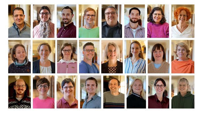 Collage von 24 Einzel-Porträtfotos von Mitarbeitenden des AW-ZIB