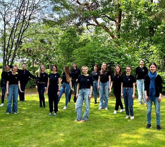Zu sehen ist der Chor auf einer Wiese.