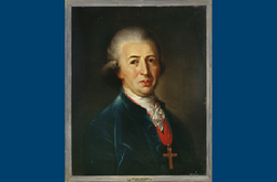Das Bild zeigt ein Gemälde eines Mannes mit grauen Haaren.