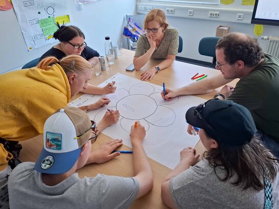 Stephanie Schleer und die angehenden Bildungsfachkräfte aus Erlangen sitzen um einen Tisch herum und schreiben auf ein FlipChart, das auf dem Tisch liegt.