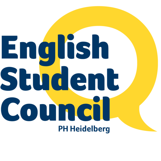 Eine gelb gerahmte Sprechblase bildet den Hintergrund für den dunkelblauen Schriftzug "English Student Council". In kleinerer Schrift steht darunter "PH Heidelberg".
