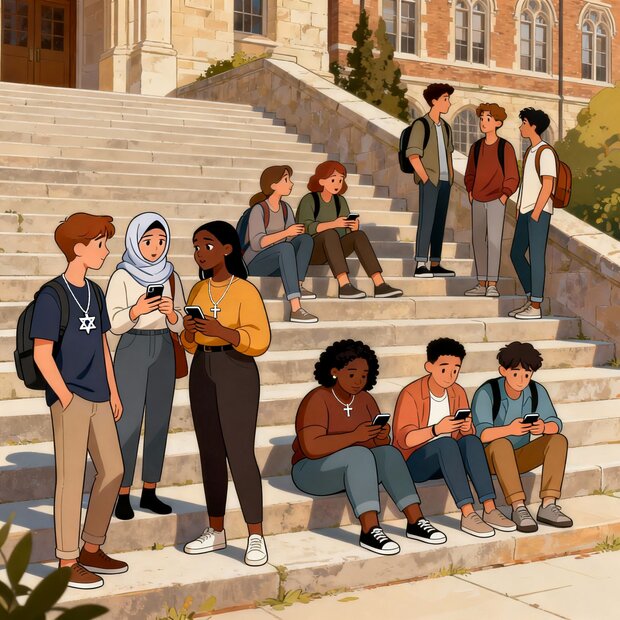 Das KI-generierte Symbolbild zeigt junge Menschen vor einem Gebäude. Einige unterhalten sich; andere schauen auf ihr Handy. Einige tragen Symbole verschiedener Religionen.