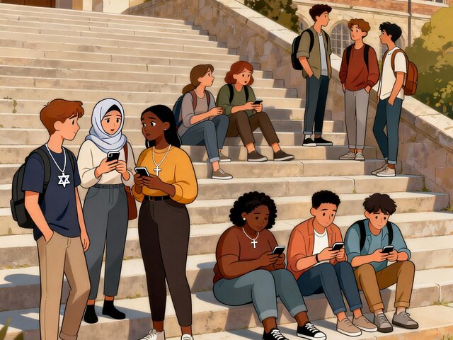 Das KI-generierte Symbolbild zeigt junge Menschen vor einem Gebäude. Einige unterhalten sich; andere schauen auf ihr Handy. Einige tragen Symbole verschiedener Religionen.