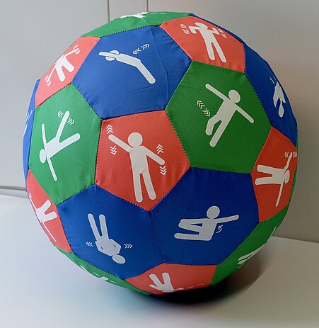 Auf dem Bewegungs-Ball befinden sich rote, grüne und blaue Felder, ähnlich denen eines Fußballs. In jedem Feld ist eine Figur gezeichnet, die eine Bewegung ausführt. Eine genauere Beschreibung liefert der Text unterhalb des Bildes.
