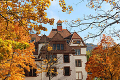 Das Bild zeigt den Altbau der Pädagogischen Hochschule Heidelberg von außen, gerahmt von bunt gefärbten Bäumen.