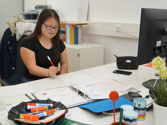 Das Foto zeigt eine junge Frau, die an einem Schreibtisch sitzt und mit dem Stift schreibt.